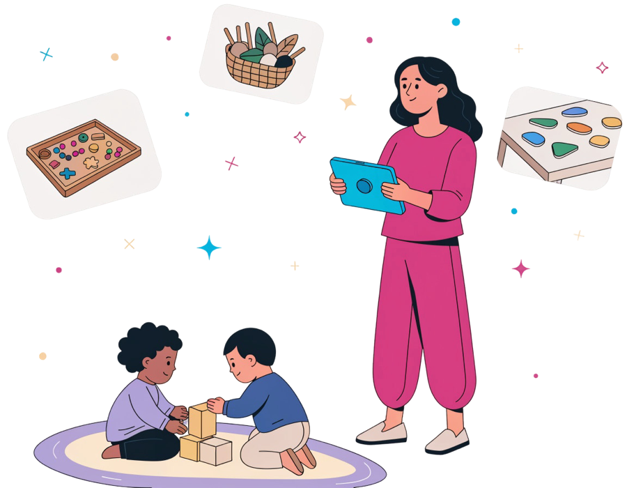 Educadora con una tableta rodeada de propuestas de aula