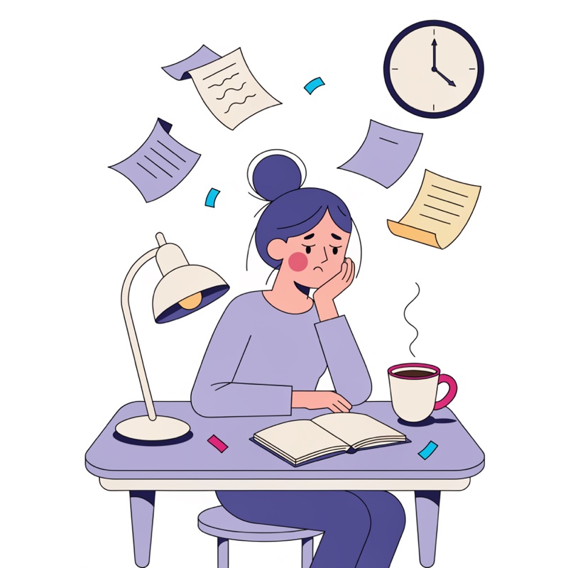 Educadora programando de noche ante un cuaderno en blanco