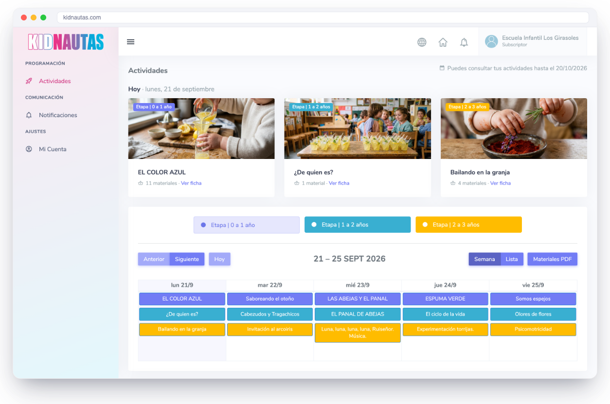 Panel de Kidnautas con el calendario semanal de propuestas por etapa