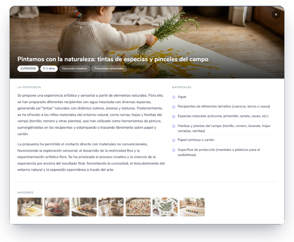 Ficha de una propuesta de Kidnautas con fotografías, texto, materiales y etiquetas de etapa y metodología
